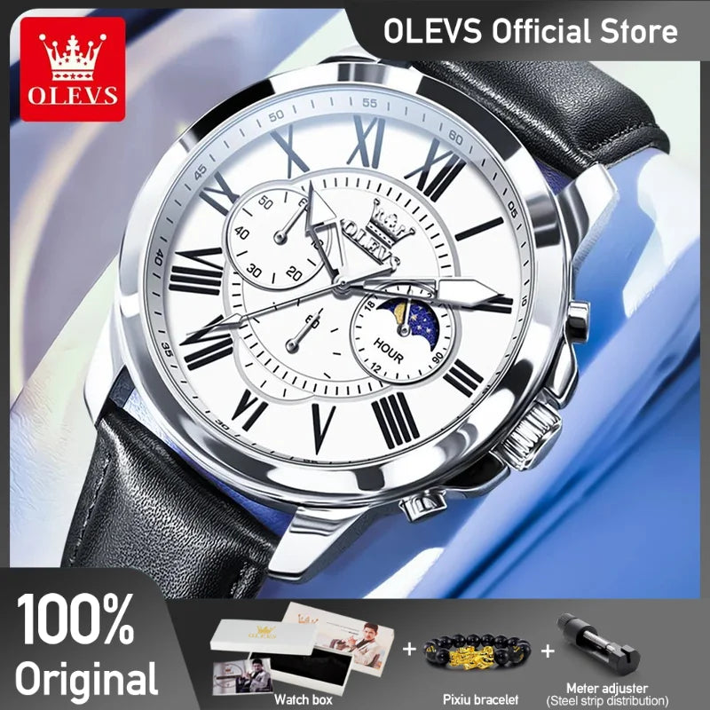 OLEVS 3632 Herrenuhr Marke Original Einfache Quarz Handgelenk Wasserdichte Lederband Tragen Uhr Uhr Für Männer Mondphase Herren Geschenk