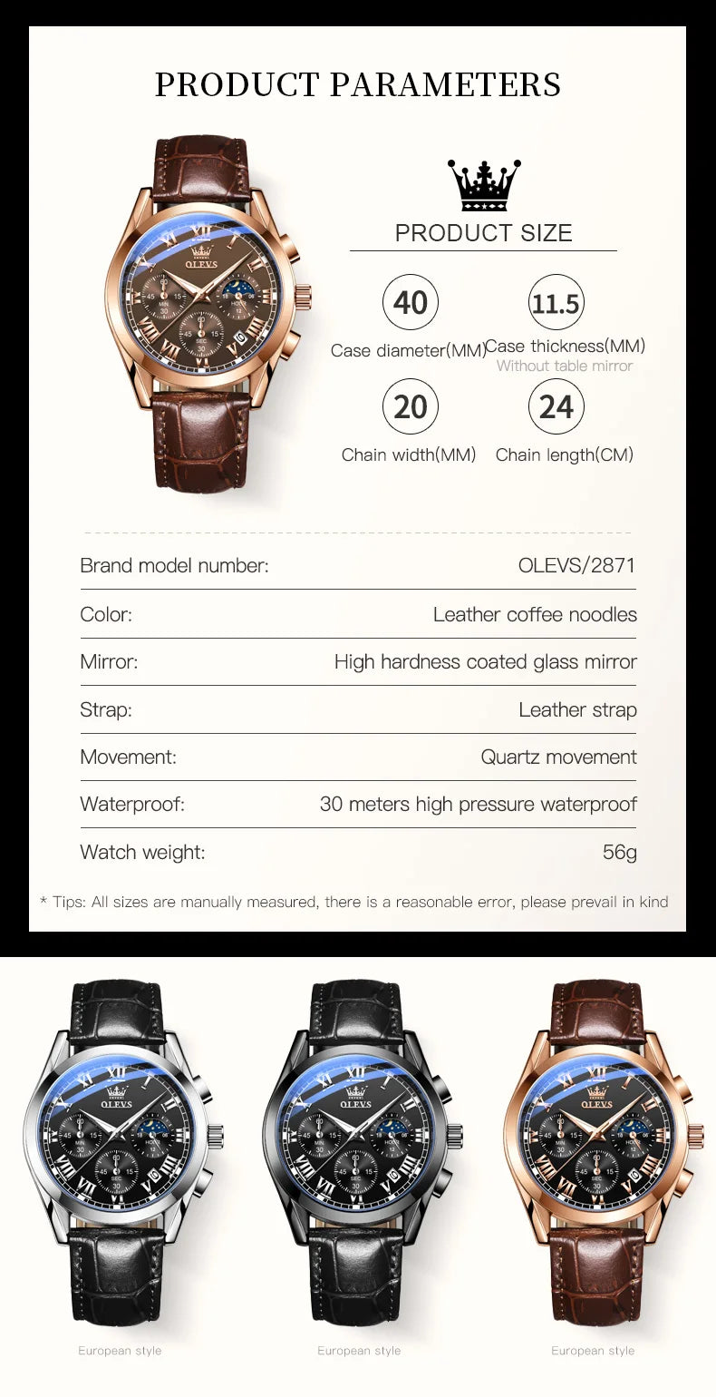 Olevs Top Marke Herren Quarzuhr nocti lucent Business wasserdichte Luxus uhr Leder armband Mondphase relogio masculino