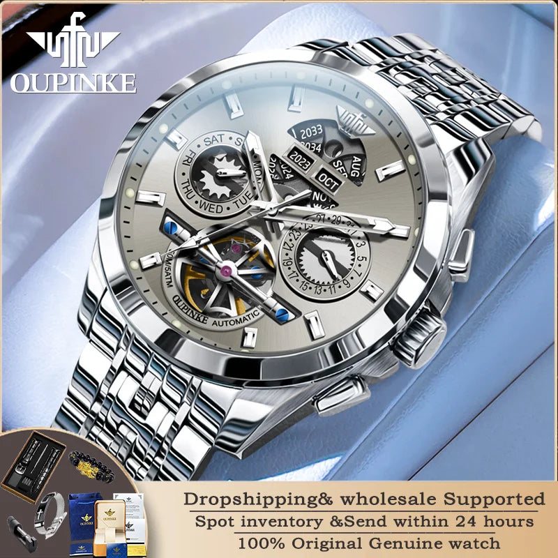 OUPINKE 3251 Automatische mechanische Uhr Original Luxusmarke Skeleton Multifunktionale wasserdichte Saphirspiegel Herrenuhr