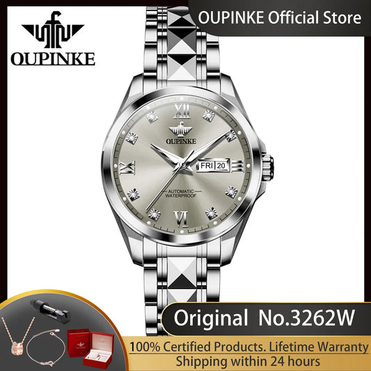 Oupinke Damen mechanische Armbanduhr Wolfram Stahl Diamant waage Original Japan Uhrwerk voll automatische Uhr für Frauen