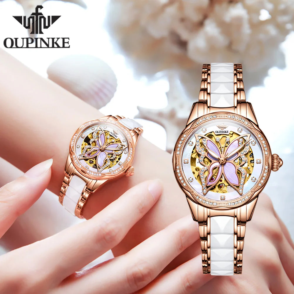 Oupinke 3239 original Damen uhren aushöhlen Schmetterling Diamant Lünette Automatik uhr für Frauen elegante mechanische Armbanduhr