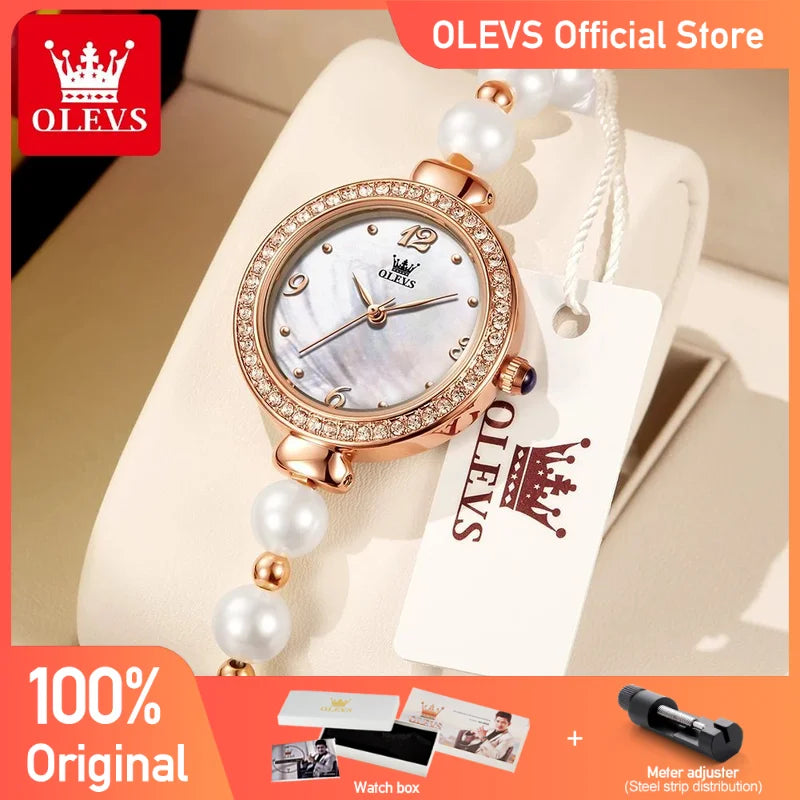 OLEVS 9968 Frauen Uhr Elegante Mode Original Kleine Zifferblatt Quarz Armbanduhr Wasserdichte Perle Uhr Kette Damen Uhr Box Reloj