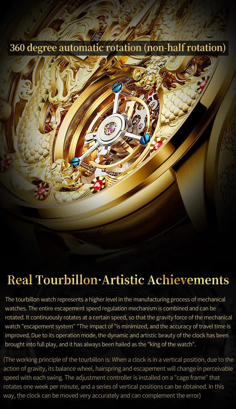 OUPINKE 3176 Luxuriöse, hochwertige, vollautomatische mechanische Tourbillon-Uhr mit vollem goldenem Drachen-Zifferblatt, Saphirspiegel-Herrenuhr