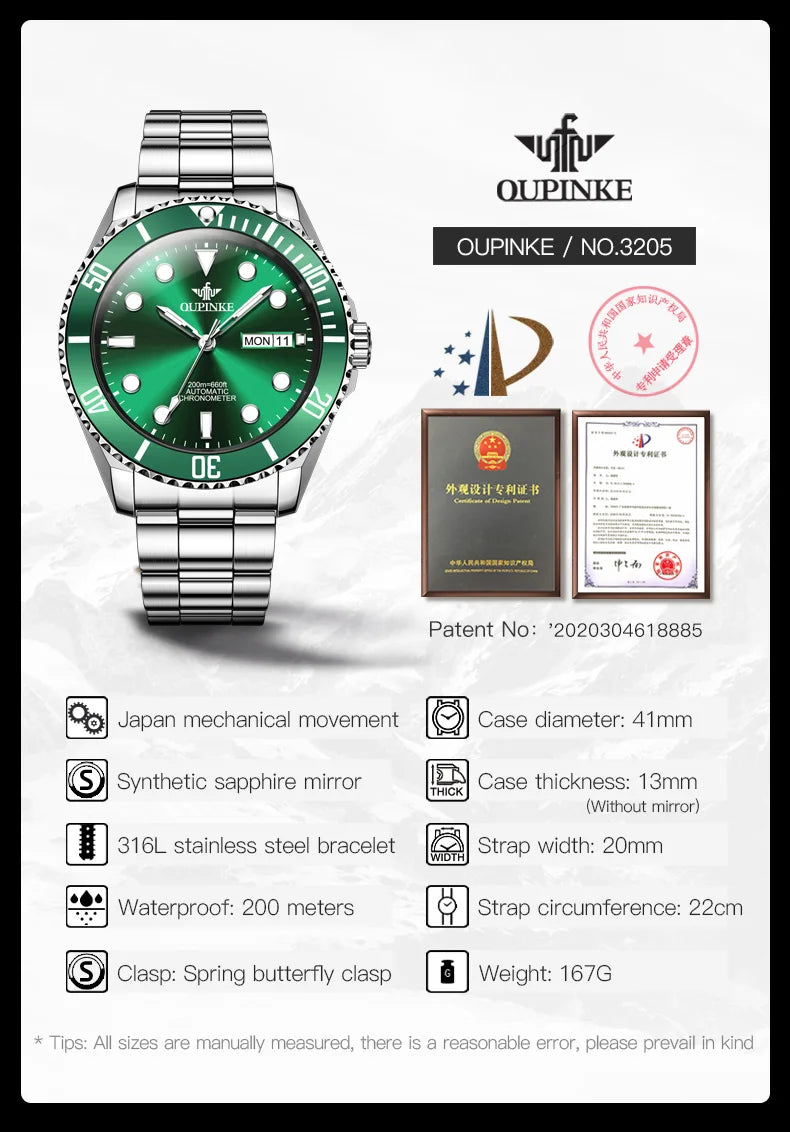 OUPINKE 3205 Diving Series Men Fully Automatic Movement Watch Classic Green Water Ghost Double Calendar Top Men Mechanical Watch