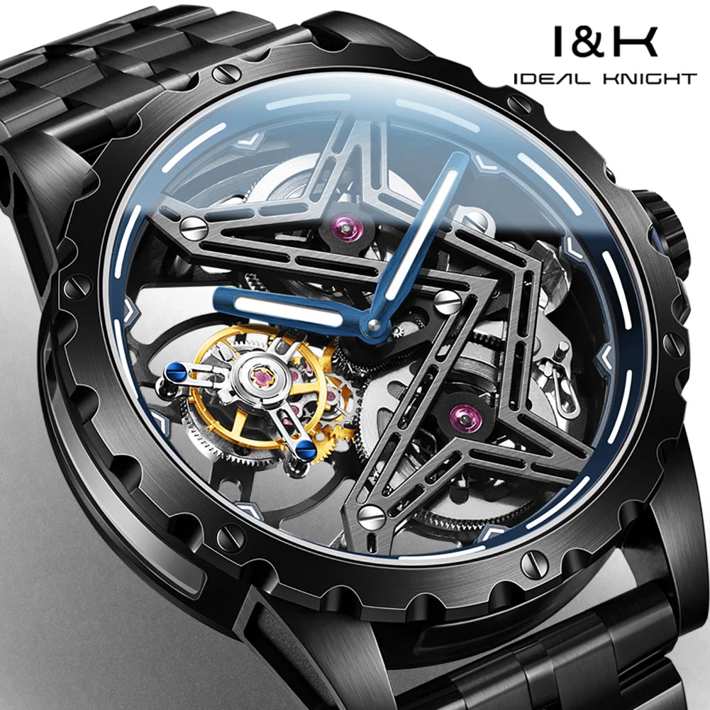 Ideale Ritter 6803 transparente Tourbillon Mann Uhr große Wand Serie Skelett aushöhlen automatische mechanische Armbanduhr für Männer