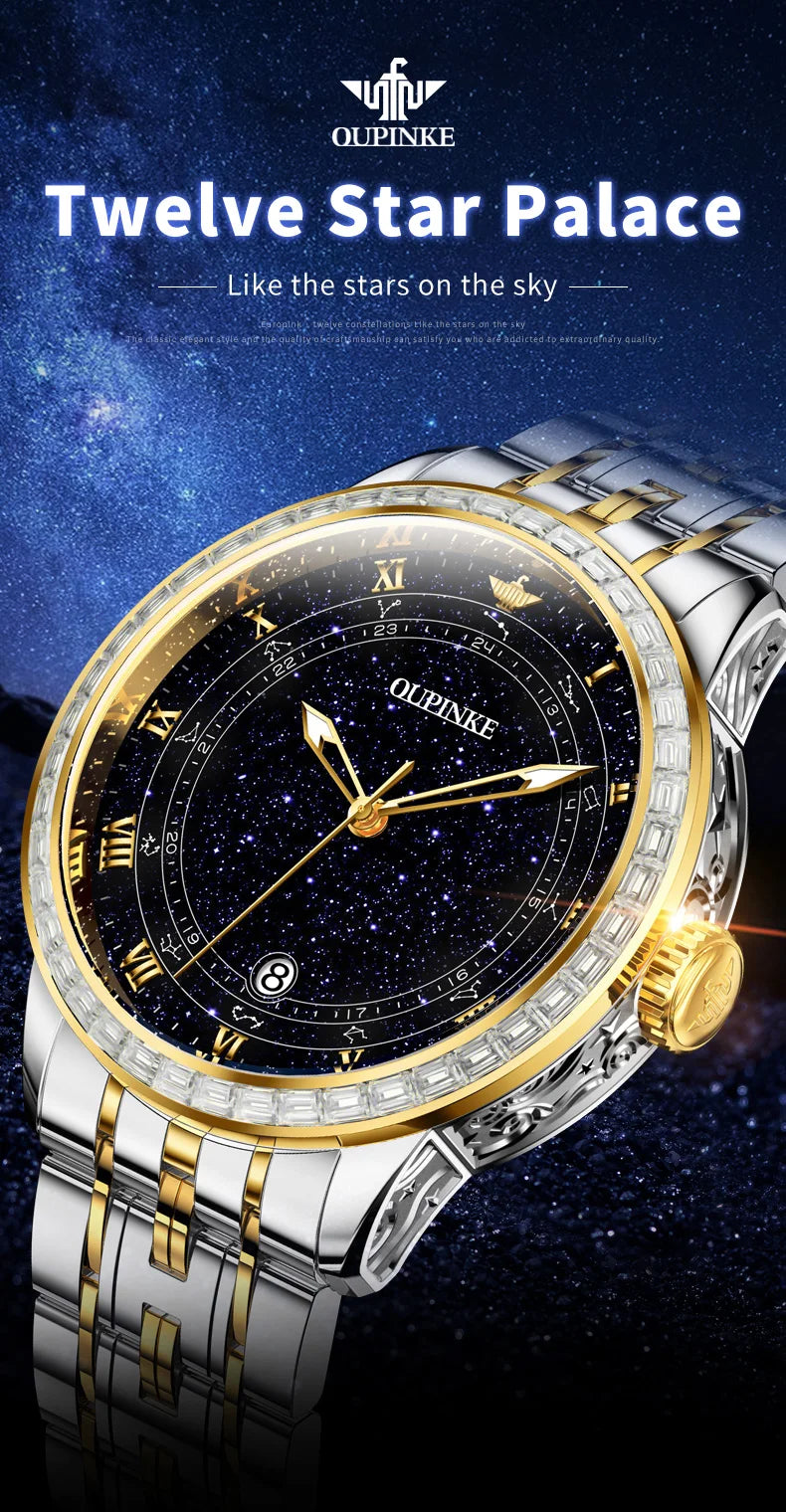 OUPINKE 3203 Fashion Brand Men's Automatic Mechanical Watch Luxury Waterproof Glowing Starry Sky Diamond Men Watch Montre Homme