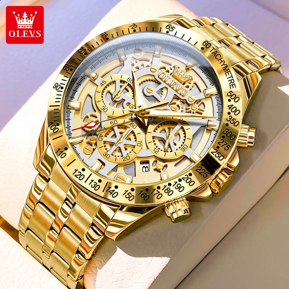 Olevs lxuxry Marke Gold Herren uhren Voll skelett Edelstahl Chronograph Armbanduhr wasserdichte leuchtende Quarzuhr Herren