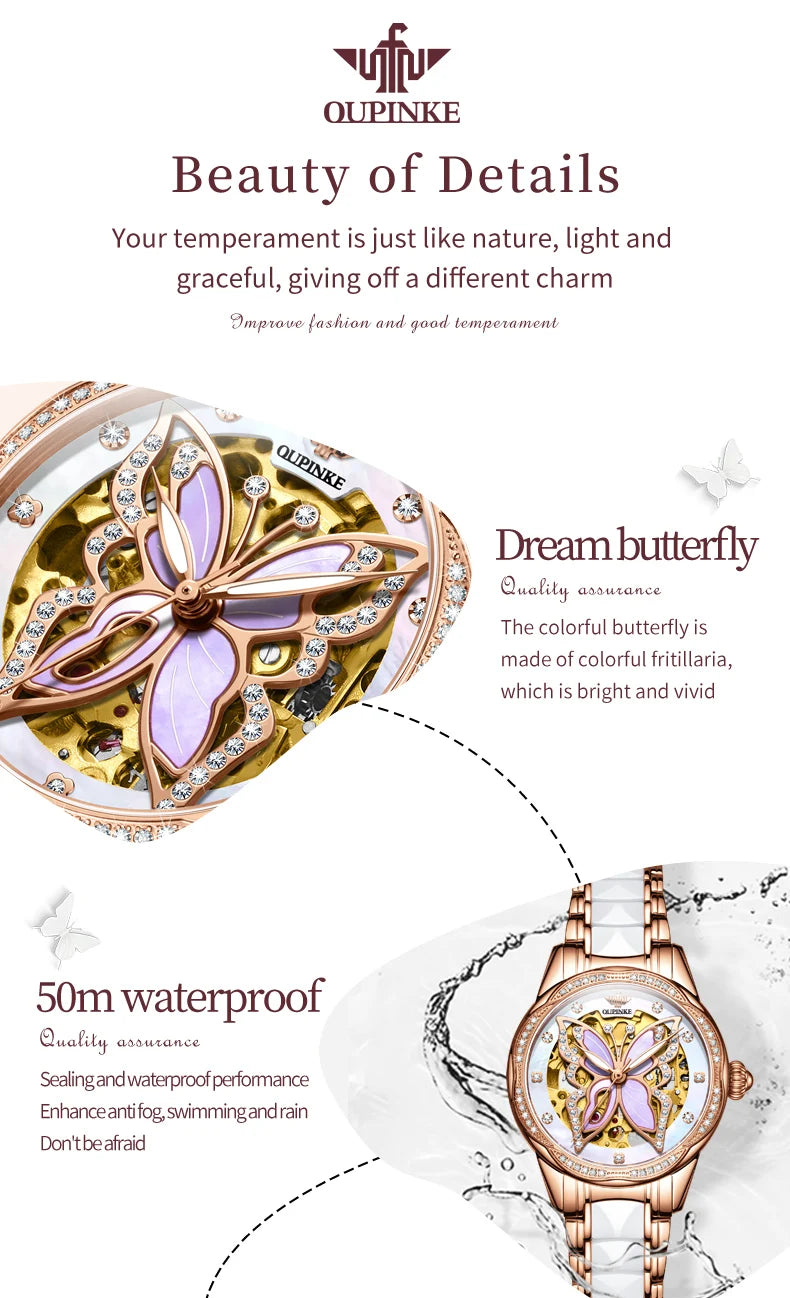 Oupinke 3239 original Damen uhren aushöhlen Schmetterling Diamant Lünette Automatik uhr für Frauen elegante mechanische Armbanduhr