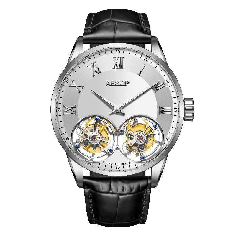 Superluxuriöse 100 % originale Doppel-Tourbillon-Uhr für Herren, Saphir-Handaufzugswerk, 1963, mechanische Armbanduhr, AESOP 2022