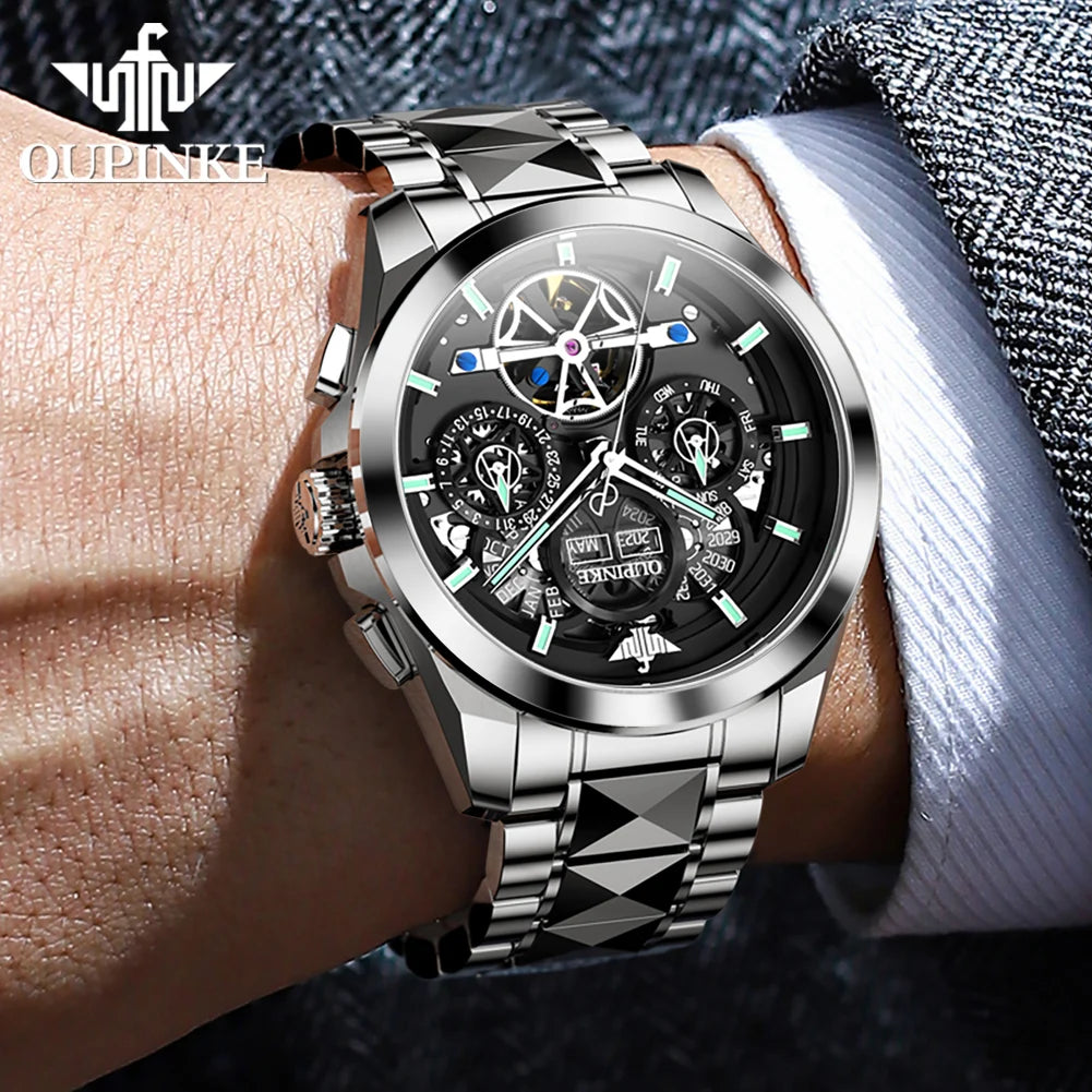 Oupinke 3233 neue automatische mechanische Uhr für Männer hohle 42mm große Zifferblatt Handuhr Wolfram Stahl armband Original Herren uhren