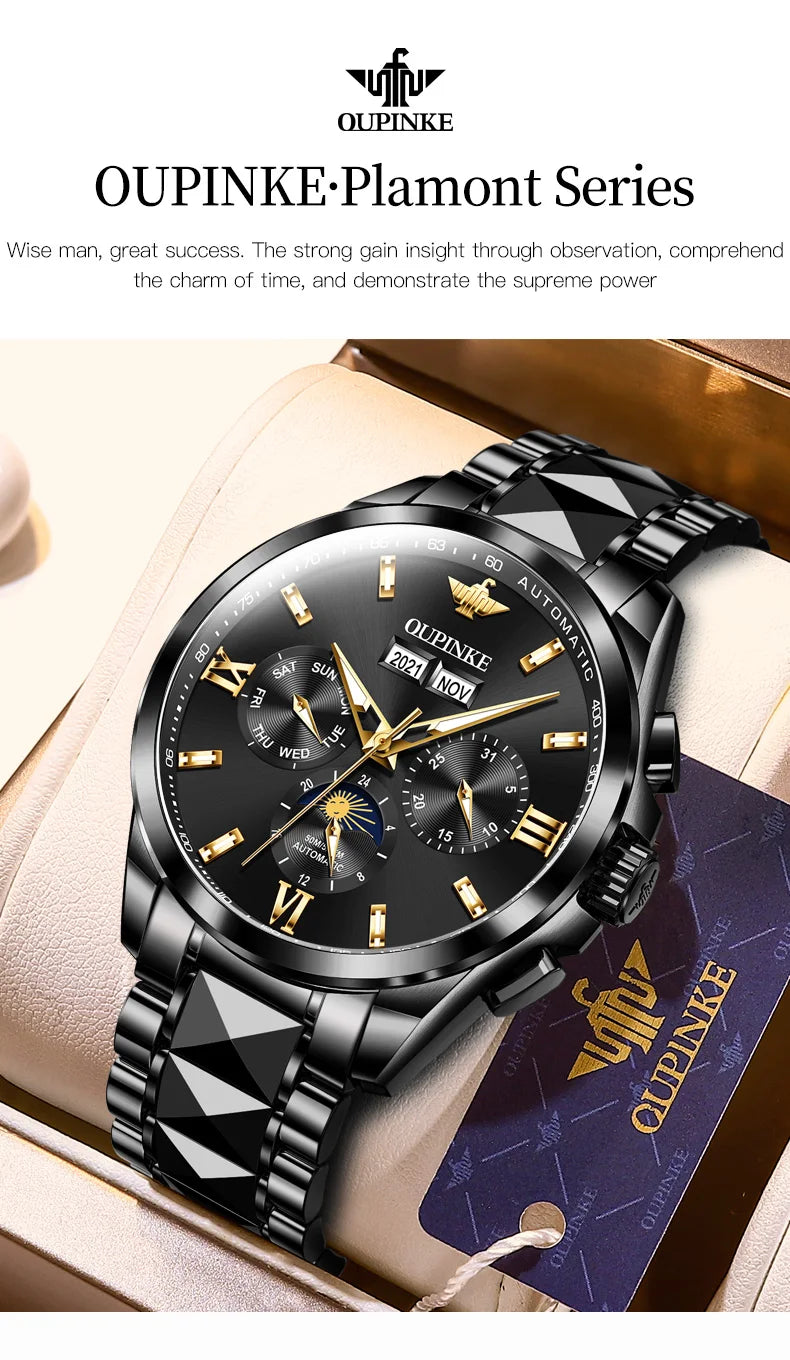 Oupinke Mondphase mechanische Uhr für Männer Luxus Top Marke Saphir Spiegel wasserdichte elegante Herren automatische Armbanduhr