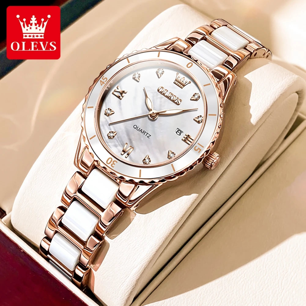 OLEVS Damenuhren, elegante Mode, Keramik, Quarz, Wirtwatch für Damen, Diamant-Skala, Datumsanzeige, wasserdicht, leuchtend