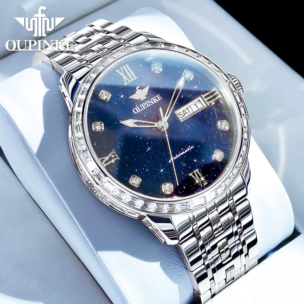 Oupinke Herren uhr Luxusmarke Diamant blau Sternen himmel automatische mechanische Uhr original wasserdichte leuchtende Herren uhr