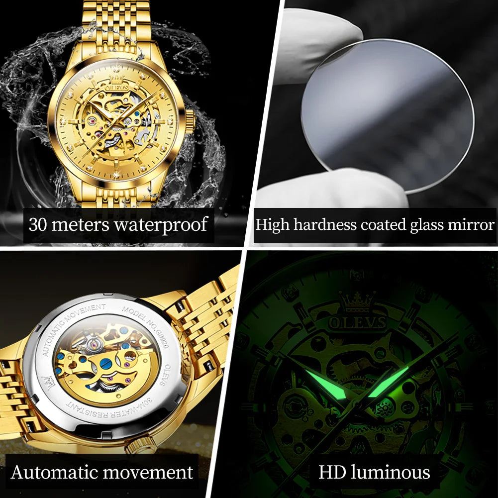 OLEVS herren Uhren Luxus Gold Skeleton Automatische Mechanische Armbanduhr für Mann Wasserdichte Edelstahl Luminous Business