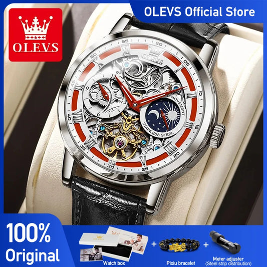 Olevs Herren uhren Mode aushöhlen automatische mencha nische Original Armbanduhr wasserdichtes Leder armband leuchtende Mondphase