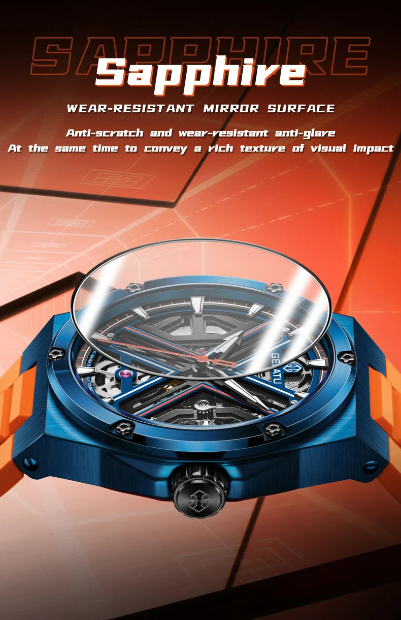 Gelatu aushöhlen automatische mechanische Uhr Luxusmarke Saphir Spiegel wasserdichtes Silikon armband Herren uhr reloj hombre