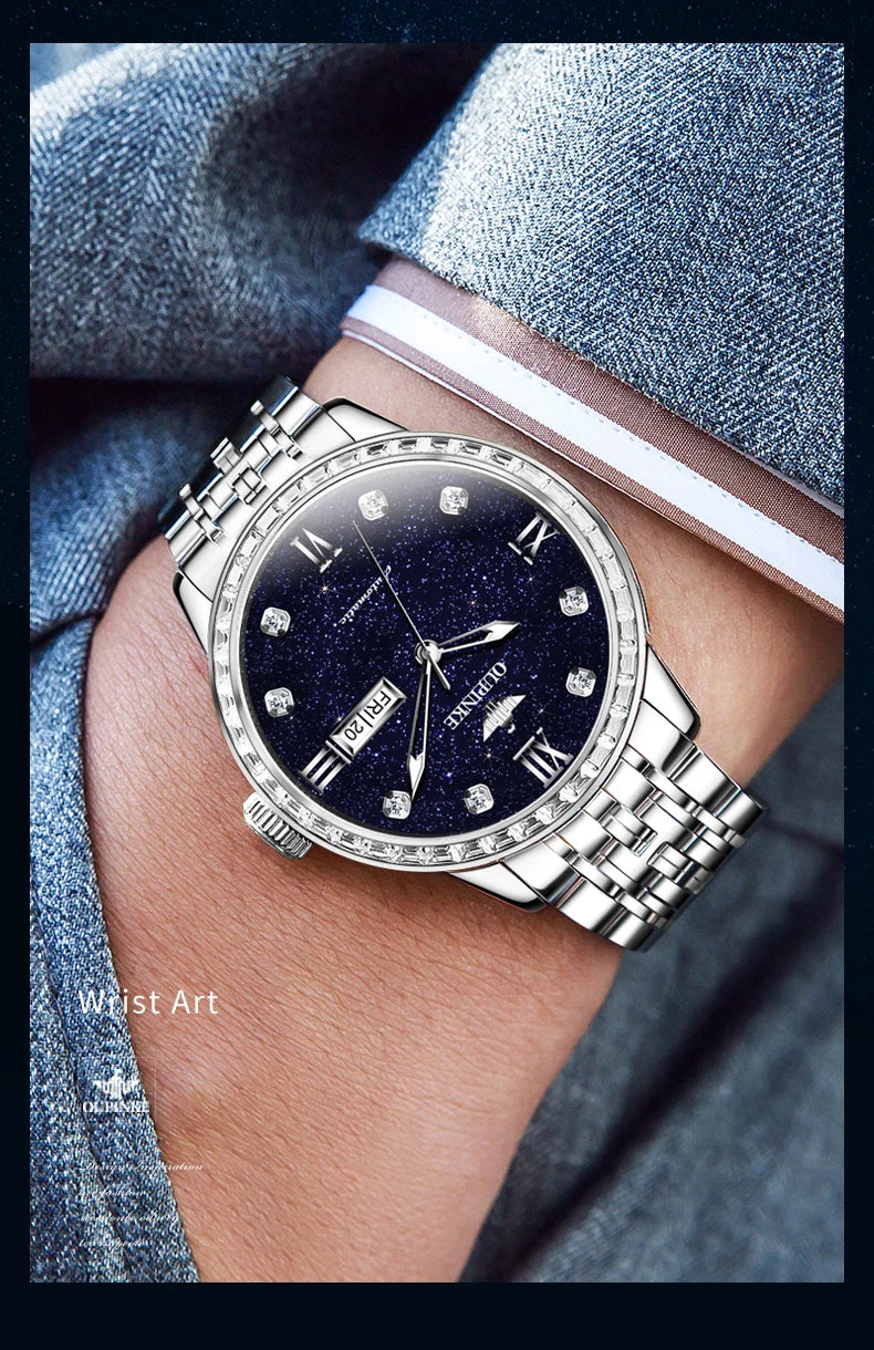 Oupinke Herren uhr Luxusmarke Diamant blau Sternen himmel automatische mechanische Uhr original wasserdichte leuchtende Herren uhr