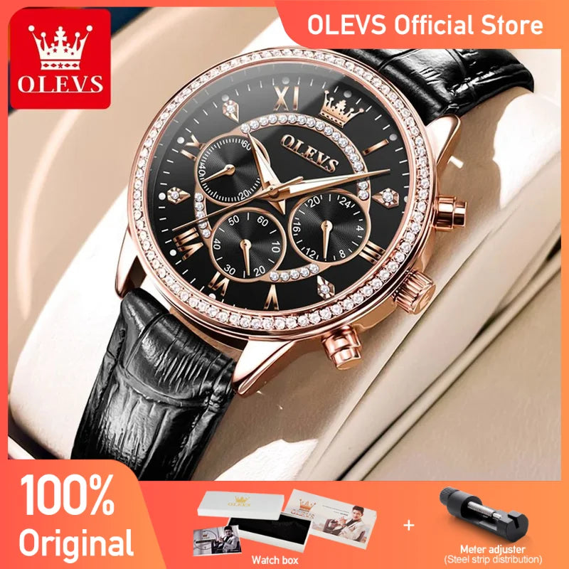 Olevs Damen uhren Mode elegante Diamant Lünette Original uhr für Damen weiches Leder armband wasserdicht leuchtenden Chronograph