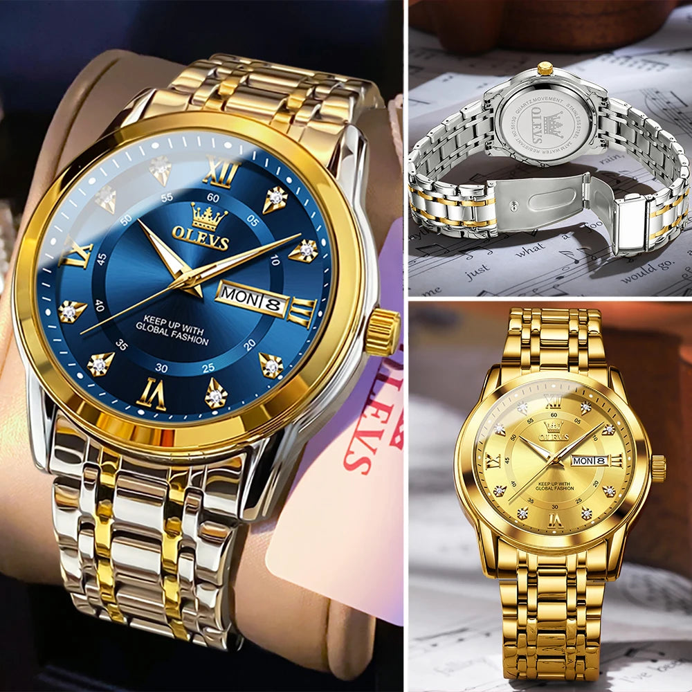 Olevs Herren uhren Mode Gold Original Quarzuhr für Mann Edelstahl wasserdicht leuchtende Armbanduhr Datum Woche römisch