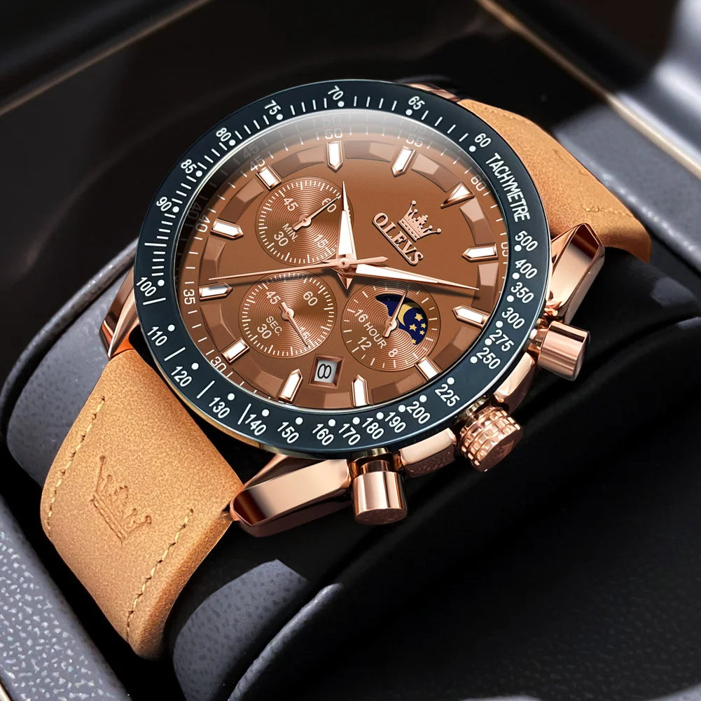 OLEVS herren Uhren Beliebte Mode Original Quarzuhr für Mann Chronograph Wasserdichte Leder Armbanduhr Luminous Mond Phase