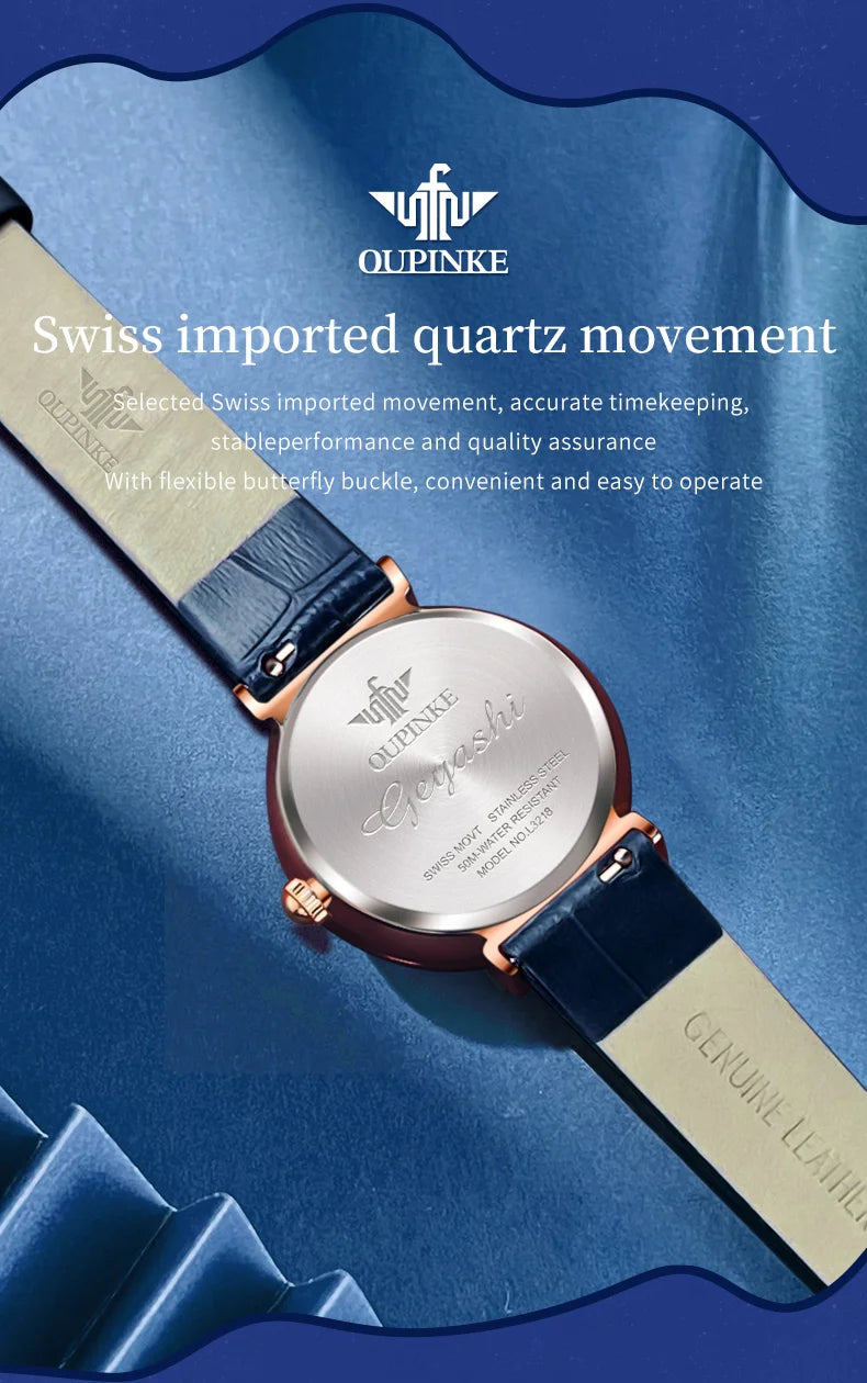 Oupinke 3218 importierte Schweizer Quarz werk Uhr für Frauen Sternen himmel voll Diamant Echt leder armband Luxus Damen Armbanduhr