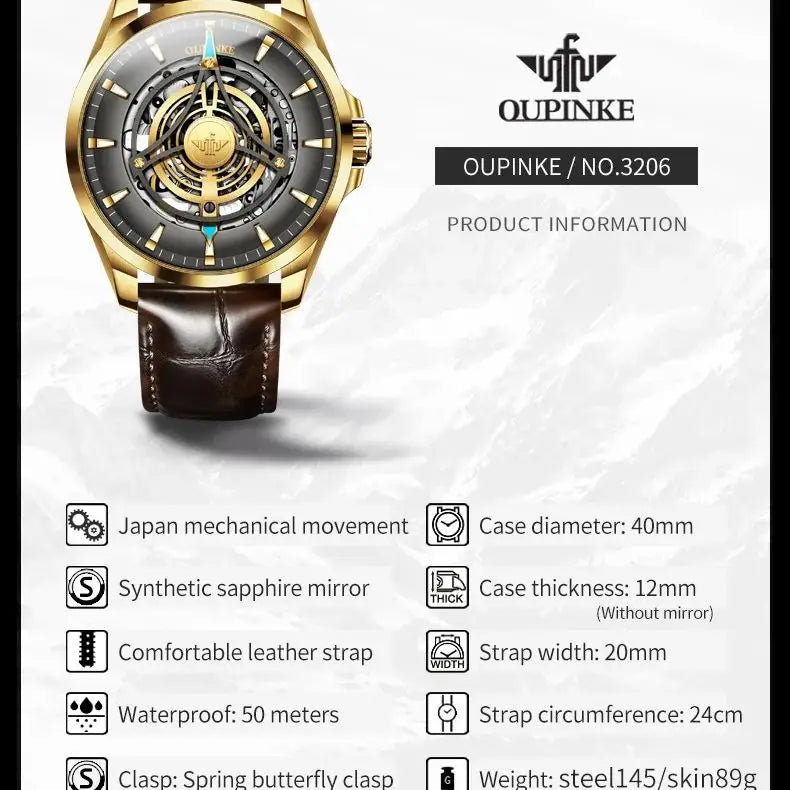 OUPINKE 3206 Herrenuhr Luxusmarke 3D Skelett Design Herren Automatische Mechanische Uhr Mode Original Wasserdichte Herrenuhr