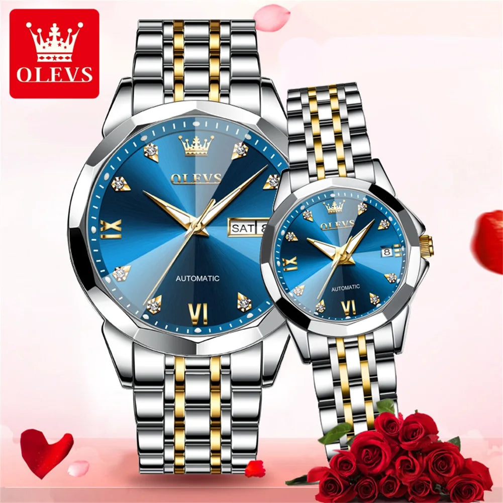 OLEVS 9982 Paar Uhren Luxus Mode Original Armbanduhr Zirkon Skala Wasserdicht Leucht Dual Kalender Display Reloj Hombre