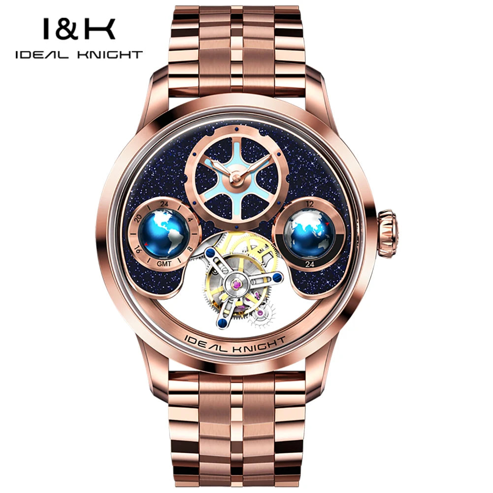 Ideale Ritter 6805 Tourbillon Uhr für Männer Blue Earth Serie Skelett automatische Herren mechanische Uhr leuchtende wasserdichte Uhr