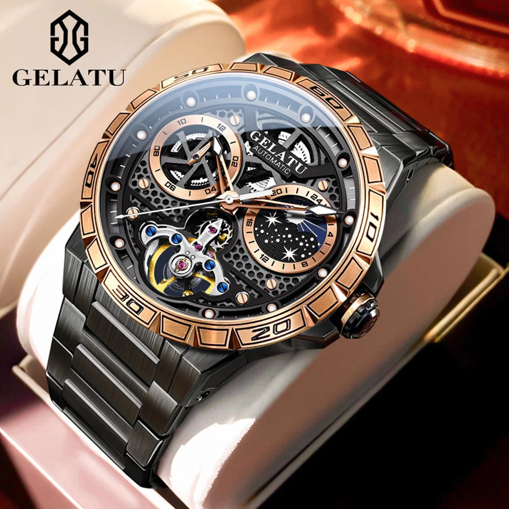 Gelatu 6020 Luxus multifunktion ale trend ige Herren uhr Skelett wasserdicht Sternen himmel Zifferblatt Marke automatische mechanische Herren uhr