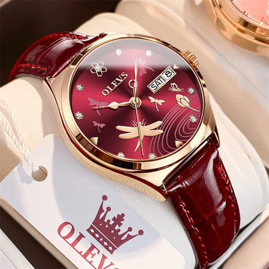 Olevs Luxus Damenmode rote Uhren Qualitäten mechanische Uhr Damen Leder Armbanduhren elegante montre femme