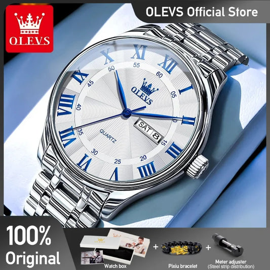 OLEVS 3663 Herrenuhr, klassische Original-Marken-Quarzuhr, wasserdicht, leuchtende Uhren für Männer, Dual-Kalender-Display, Geschenkbox