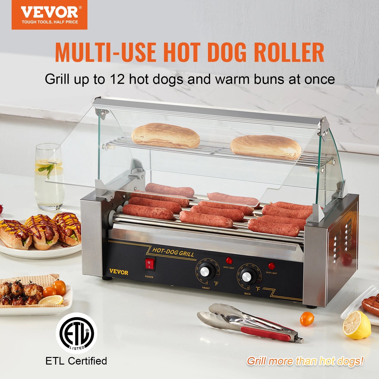 Vevor Hot Dog Roller 5 Rollen 12 Hot Dogs Kapazität 750w Edelstahl Wurst Grill Herd Maschine mit Dual Temp Control Glas haube