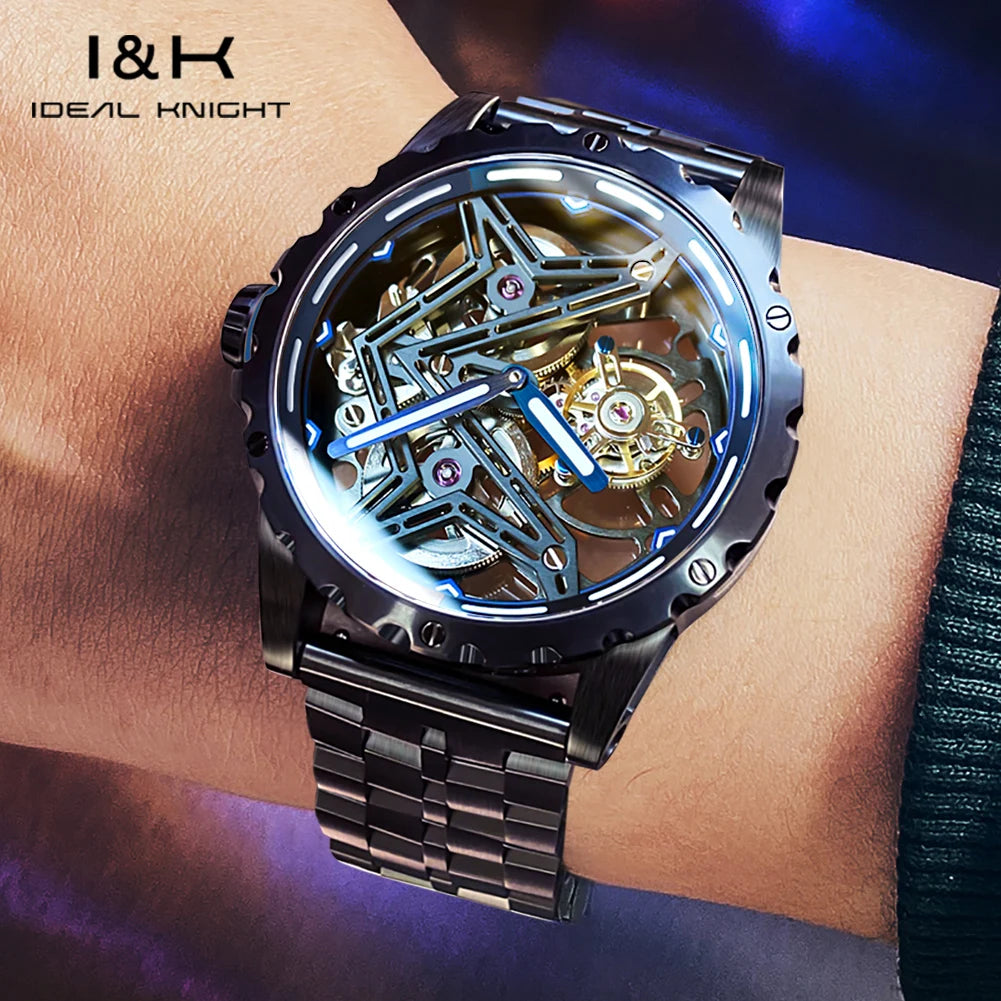 Ideale Ritter 6803 transparente Tourbillon Mann Uhr große Wand Serie Skelett aushöhlen automatische mechanische Armbanduhr für Männer