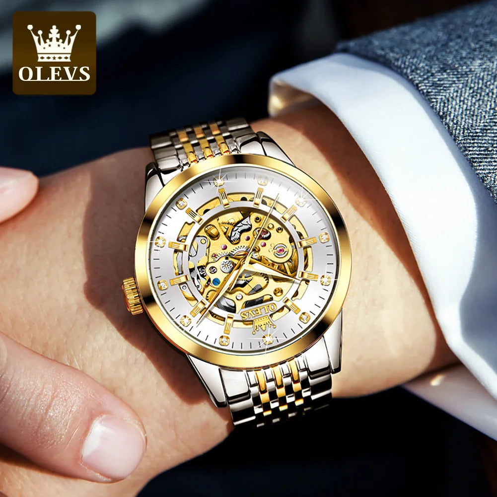 OLEVS herren Uhren Luxus Gold Skeleton Automatische Mechanische Armbanduhr für Mann Wasserdichte Edelstahl Luminous Business