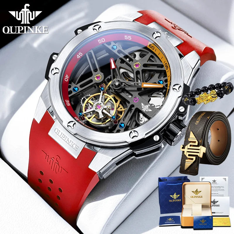 OUPINKE 8003 Fully Automatic Mechanical Tourbillon Men's Watch Business Sapphire Mirror Silicone Strap Men's Luxury Brand Watch