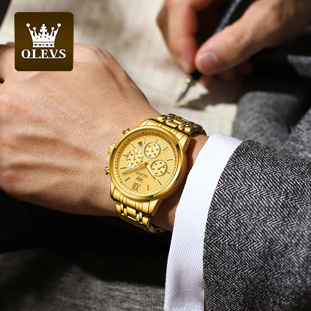 Olevs Herren uhren Luxus Gold Mode Armbanduhr für Mann Edelstahl wasserdicht leuchtenden Chronograph Datum 24 Stunden Anzeige