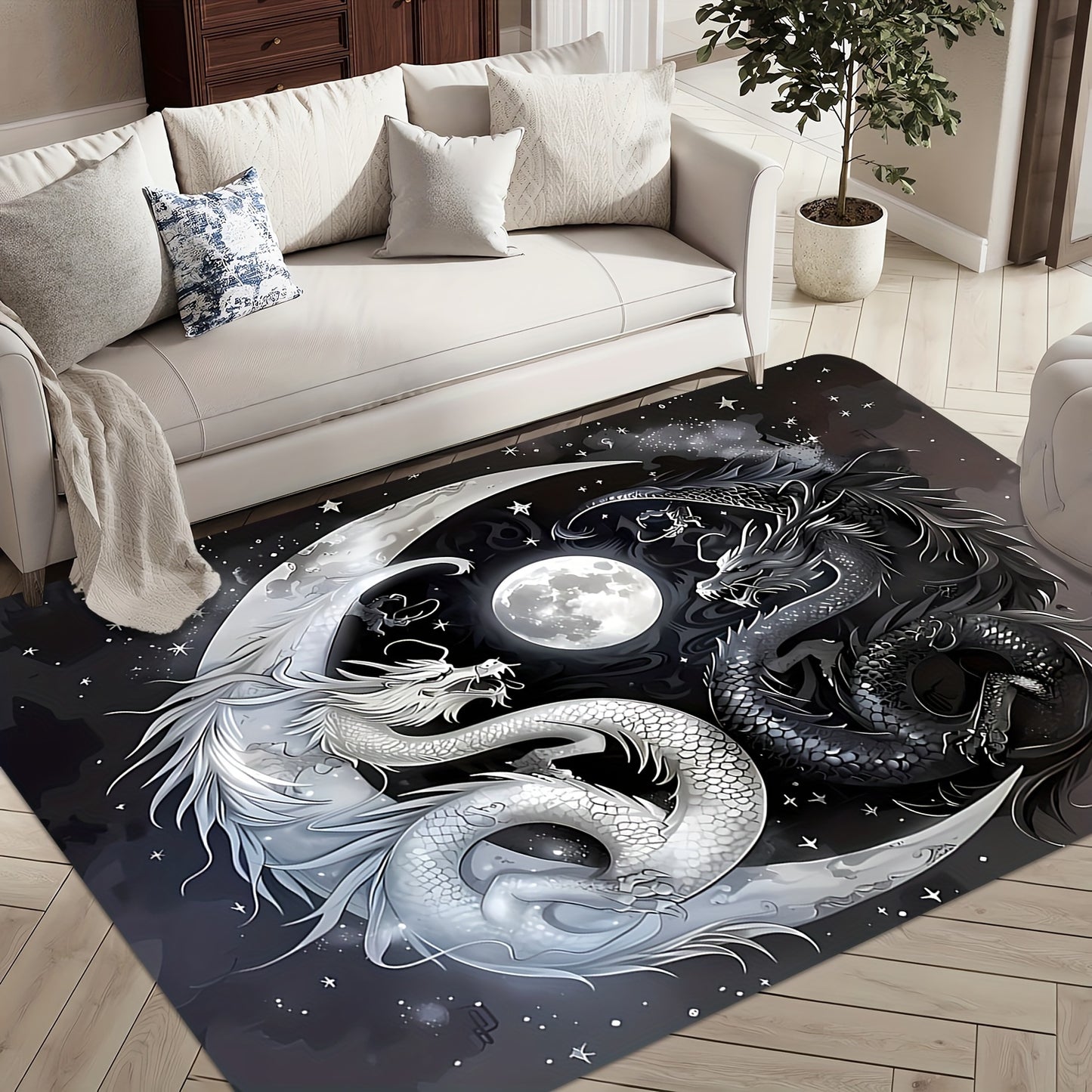 1pc, Black and White Double Dragon Design Carpet - Anti-Slip, Washable, Stain-Resistant, Anti-Fatigue - Living Room Coffee Table Rug, Bedroom, Entryway Mat, Dining, Hallway, Game Room, Office, Study, Bedroom Decor, High-Flann