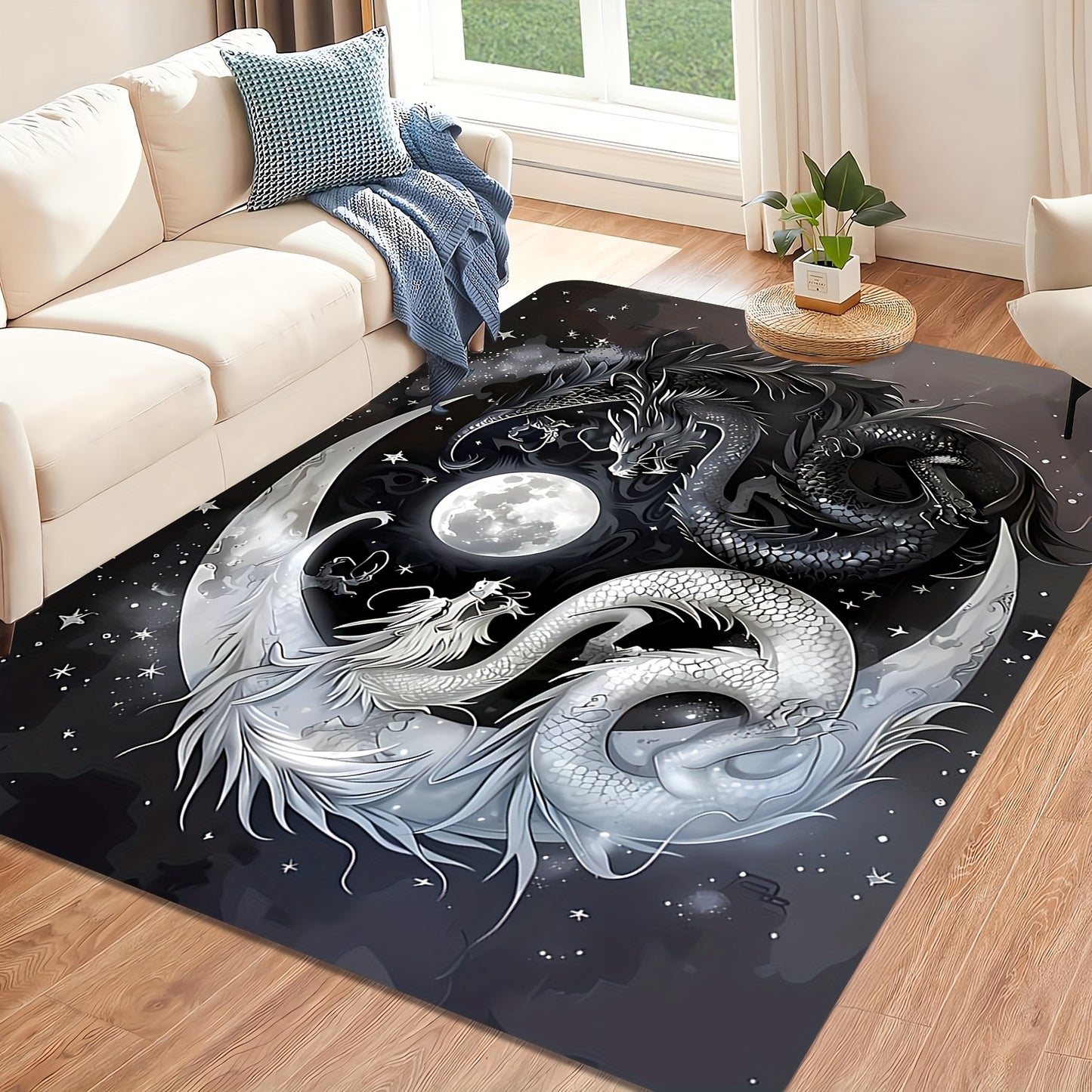 1pc, Black and White Double Dragon Design Carpet - Anti-Slip, Washable, Stain-Resistant, Anti-Fatigue - Living Room Coffee Table Rug, Bedroom, Entryway Mat, Dining, Hallway, Game Room, Office, Study, Bedroom Decor, High-Flann