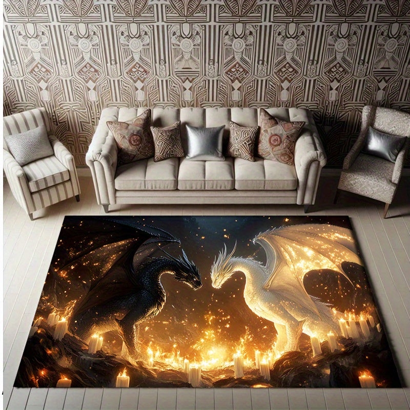 800 Grams Per Square Meter Crystal Velvet Black Dragon And White Dragon Carpet Rug, Non-Slip Floor Mat Ideal for Bedrooms, Porches, And Indoor Use, Rectangular Shape Suitable for Hallways, Living Rooms, Kitchens, Bathrooms, O