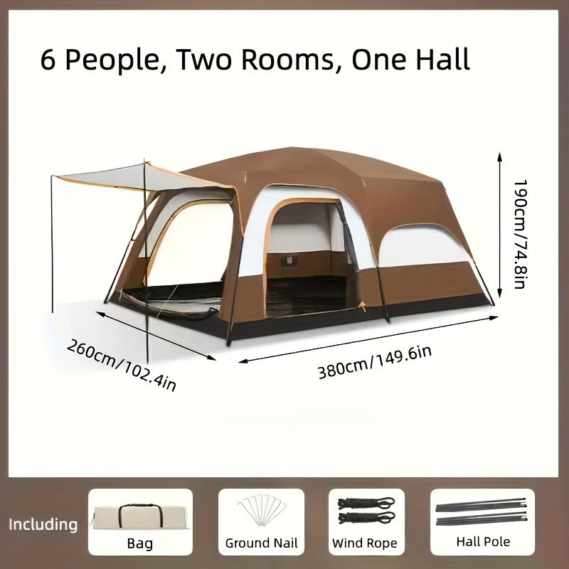 All-Season Family Camping Tent, 2-Room & 1-Hall Design, Square Shape, Polyester Fabric, Iron Frame, Zipper Closure, for Ages 14+, Ideal for Spring, Summer, Fall, Winter