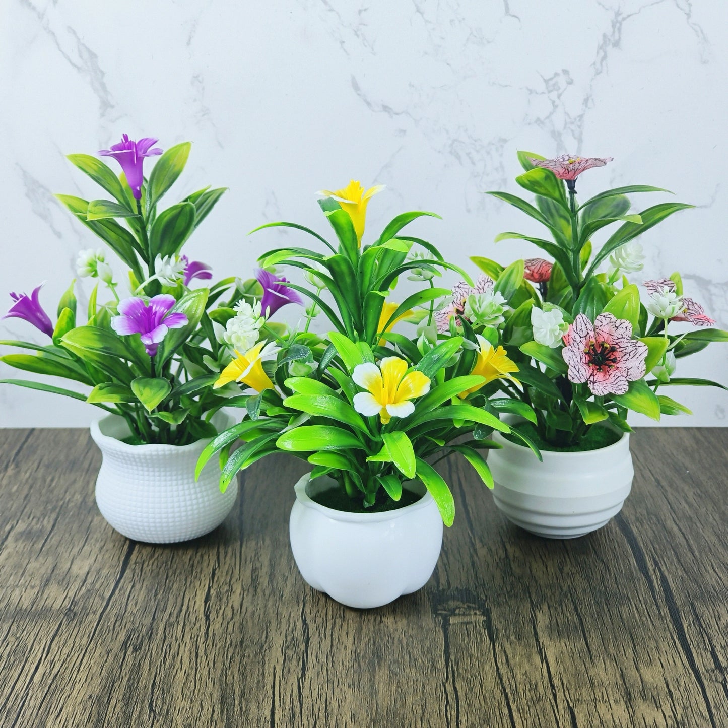 3-Pack Mini Artificial Potted Plants with White Pots for Home Decor - Plastic Faux Flowers for Living Room, Office Desk - Festive Tabletop Decor for Christmas, Halloween, Thanksgiving, Mother's Day