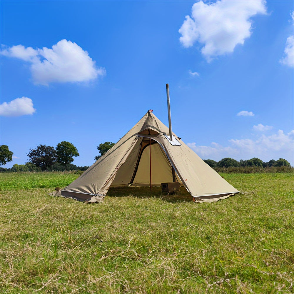 Octagonal Pyramid Tent, Four Season Camping Shelter with Chimney Hole, 160.02cm Tall, 3.2meter Diameter, Normal Waterproof Polyester, Zipper Closure, Alloy Brackets, Age 14+, Includes Chimney Safety Cloth.