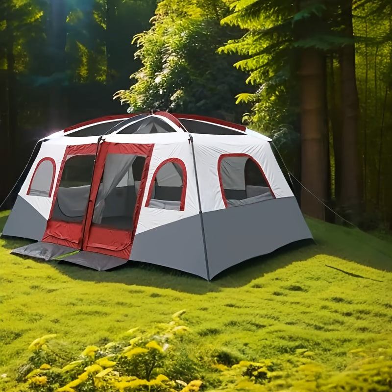 10-Person Outdoor Camping Tent with Vestibule, Solid Color, Square Shape, All-Season, Waterproof Oxford Cloth, Iron Bracket, Zipper Closure, Dual Rooms, Sun Protection for Family Parties, Climbing, Shed