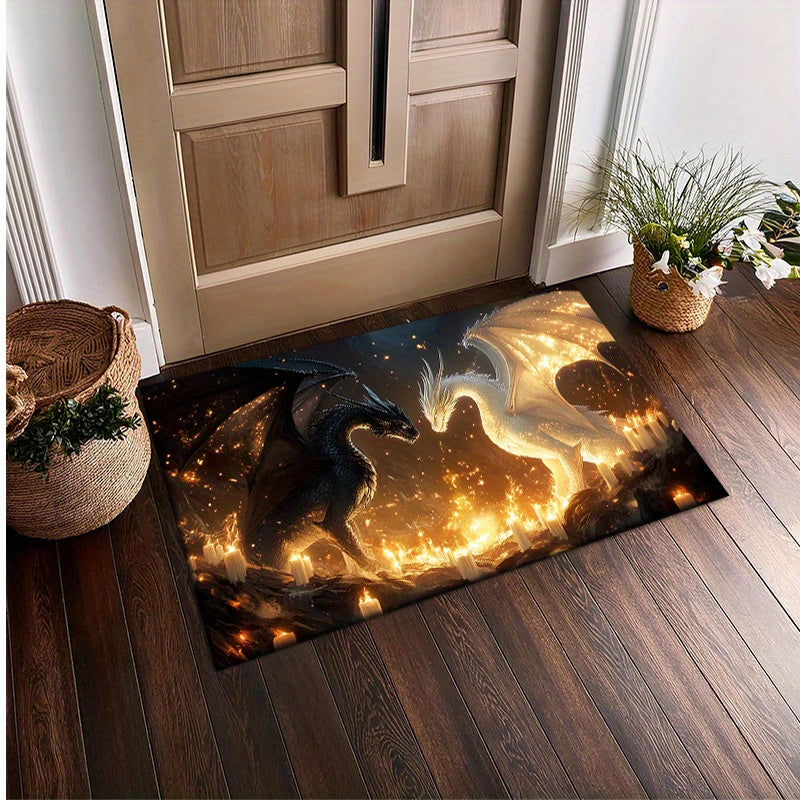 800 Grams Per Square Meter Crystal Velvet Black Dragon And White Dragon Carpet Rug, Non-Slip Floor Mat Ideal for Bedrooms, Porches, And Indoor Use, Rectangular Shape Suitable for Hallways, Living Rooms, Kitchens, Bathrooms, O