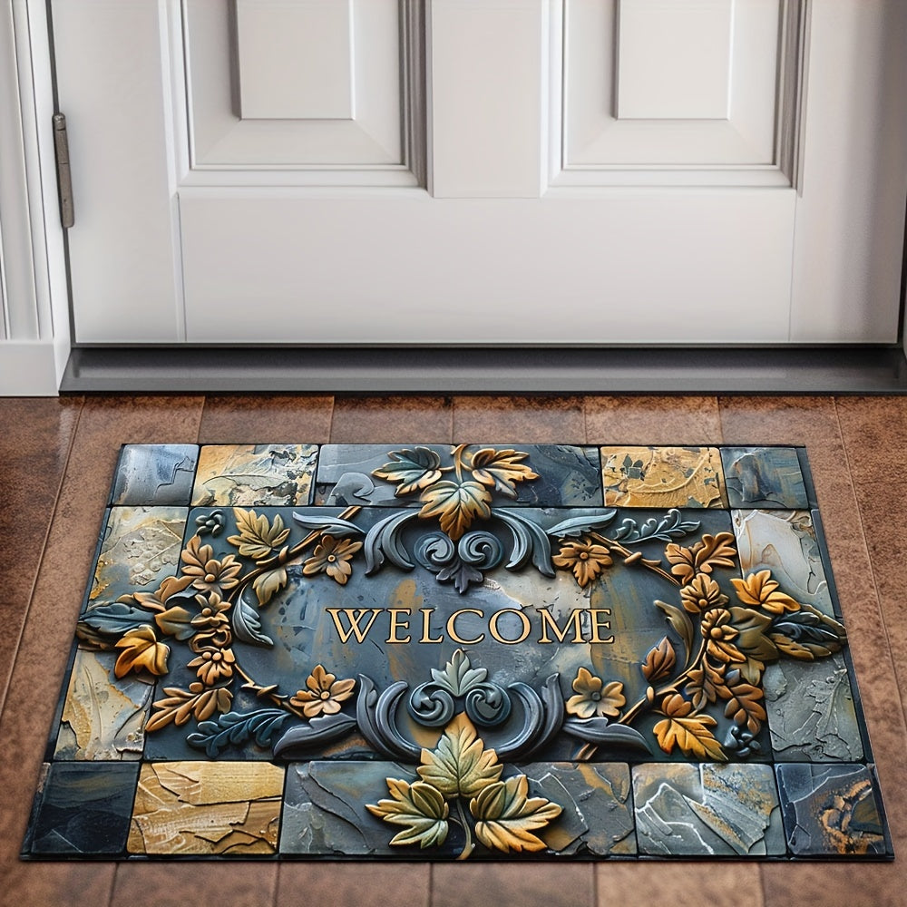 Luxurious 3D Stone & Botanical Embossed Welcome Mat - Non-Slip, Waterproof, Machine Washable Polyester Rug for Home & Outdoor Decor - Ideal for Entryway, Living Room, Bathroom