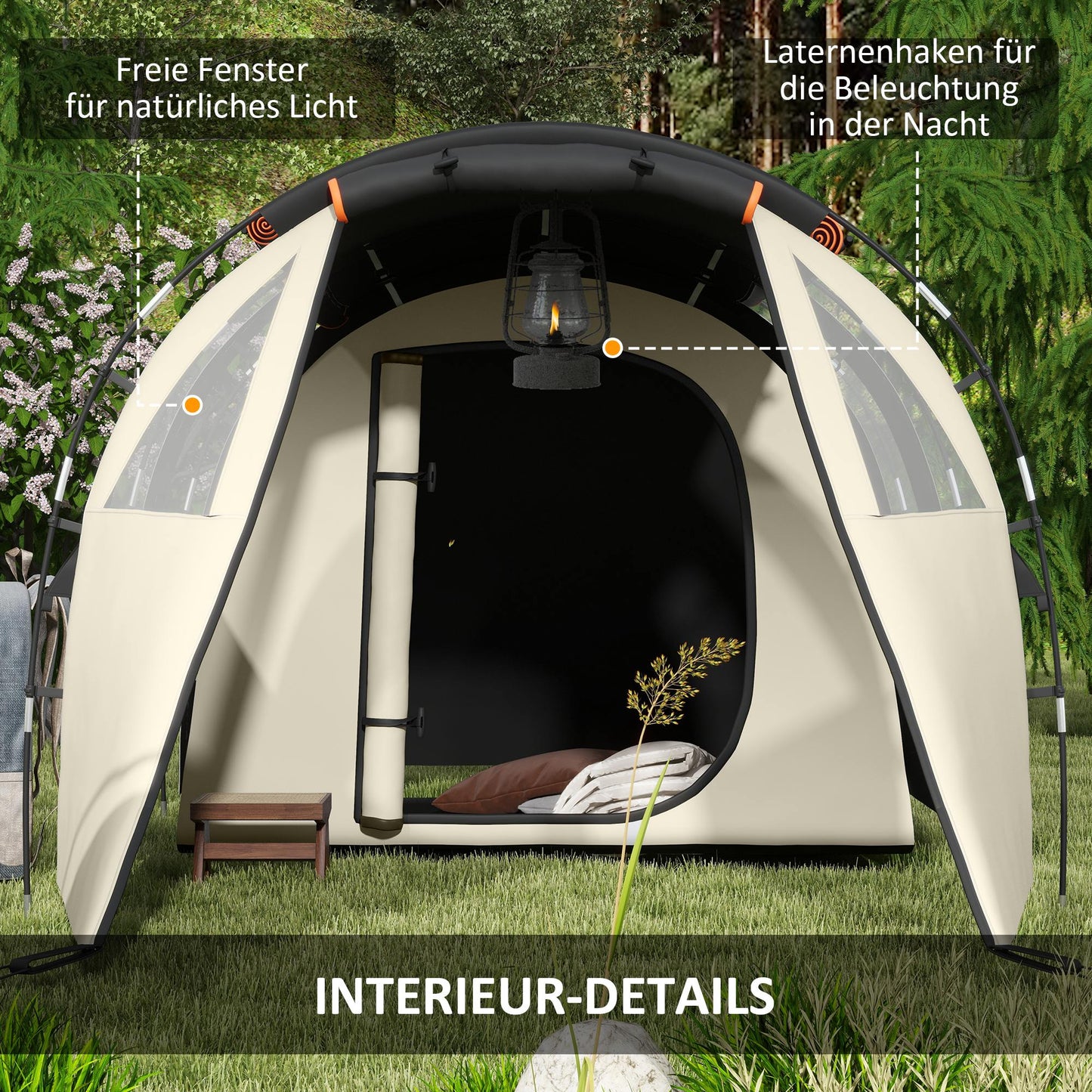 Outsunny Tunnel Tent, Camping Tent for 5 People, Family Tent with 2 Rooms, Side Windows, Carry Bag, 3000mm Water Repellent, for Garden, Campsite, Khaki