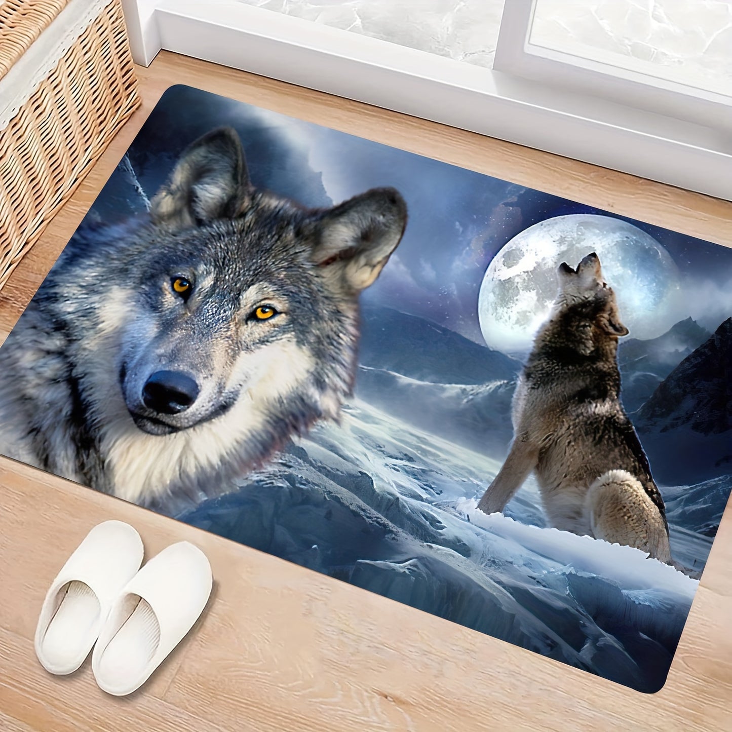 1pc 3D Snow Wolf Print Rug, Psychedelic Motif Carpet, Washable Soft Floor Mat, For Living Room Bedroom Bathroom Kitchen Sink Laundry Room Office Home Decor Indoor Decor Room Supplies Bedside Accessories