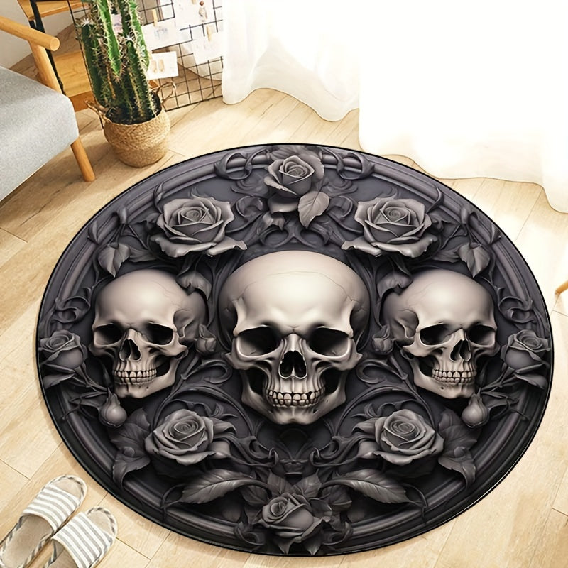 Luxury 3D Horror Rose & Skulls Round Rug - Crystal Velvet, Non-Slip, Perfect for Bedroom, Living Room, and Office Decor