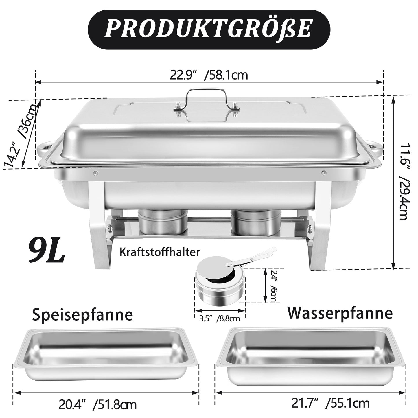 9L 2/4/6/8pcs Chafing Dish Stainless Steel Buffet Set Food Warmer Heat Container Rechaud for Catering, Buffet, And Party, 1/1GN Container