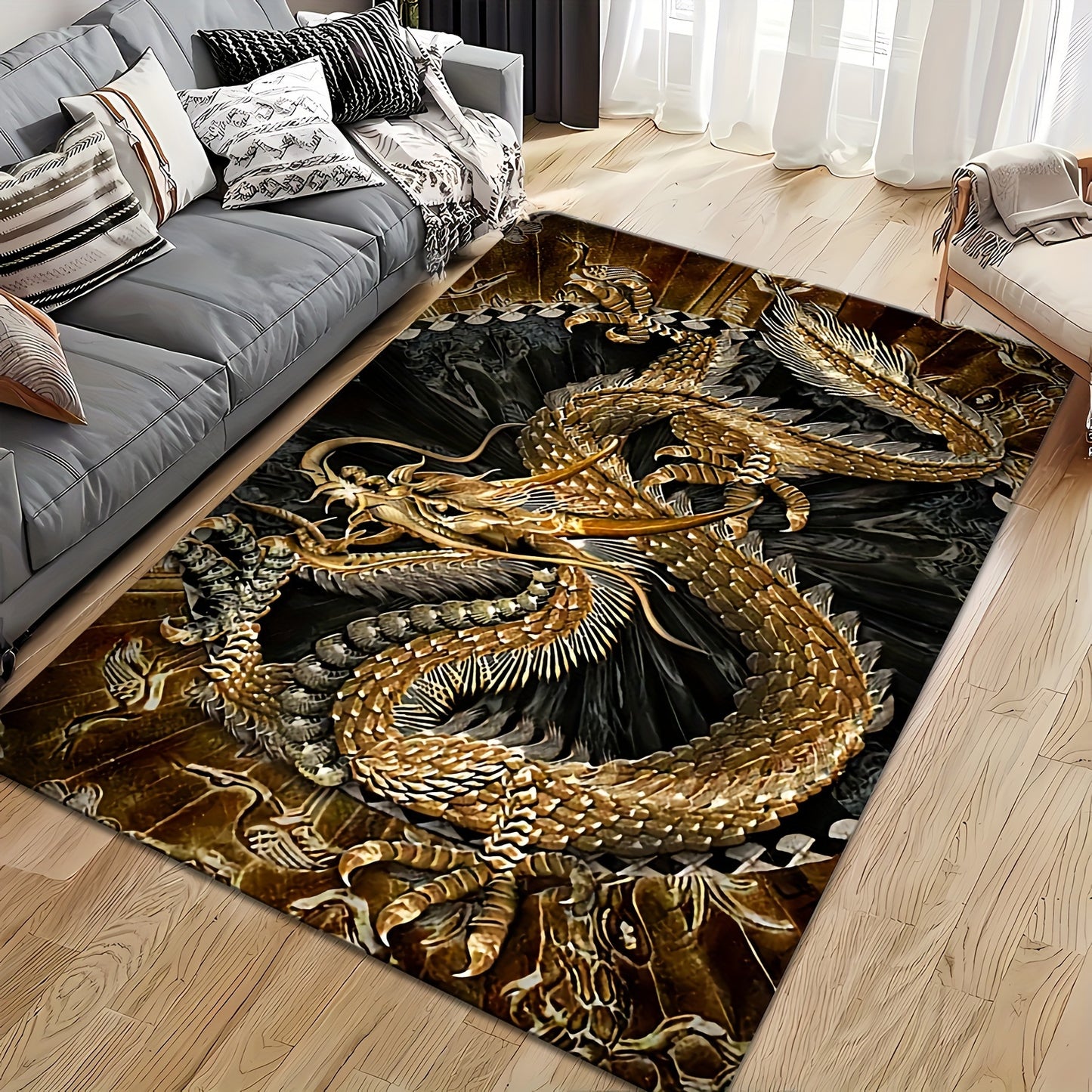 Golden Dragon Area Rug - Stain Resistant, Non-Slip, Machine Washable, Knit Weave - Polyester, Memory Foam, Anti-Fatigue for Living Room, Bedroom, Entryway, and Outdoor Use - Decorative Rectangle Mat